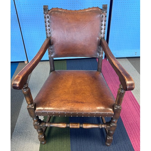 7 - A oak refectory dining table together with 6 oak and leather chairs to include 2 carvers. 183 l x 76... 