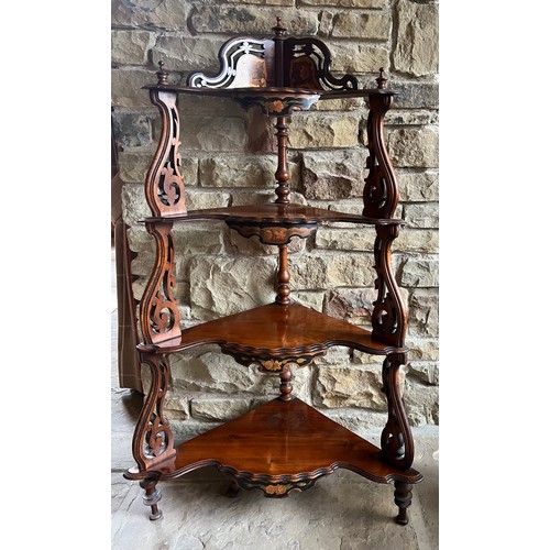 10 - A 19thC mahogany corner whatnot 4 height with inlay to top 126h x 75w x 38cm d.