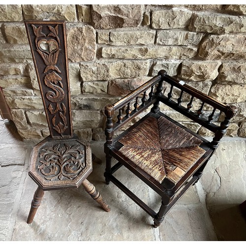 12 - A 19thC rush seated corner chair 84h x 40w x 42cm d along with an oak spinning chair.