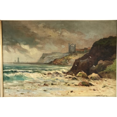 1309 - Oil on canvas of a coastal scene (believed to be Whitby) signed in the bottom right corner Chas Pott... 