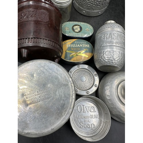 1245 - Various vintage tins and containers to include two aluminium water bottles 24cm h, three Huntley & P... 