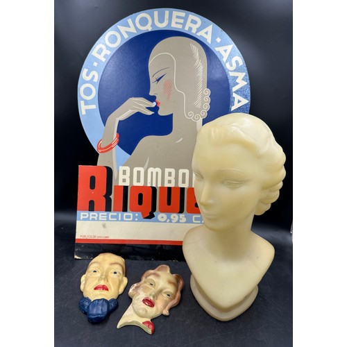 1249 - A plastic female figure head approx. 44cm h, two painted ceramic wall plaques in the shape of heads ... 