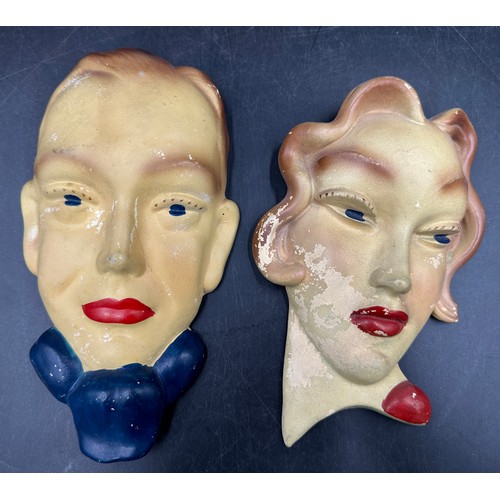 1249 - A plastic female figure head approx. 44cm h, two painted ceramic wall plaques in the shape of heads ... 