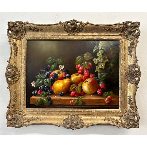 1316 - John F Smith (British 1934-). A still life of fruit and foliage, oil on board, signed lower right.  ... 