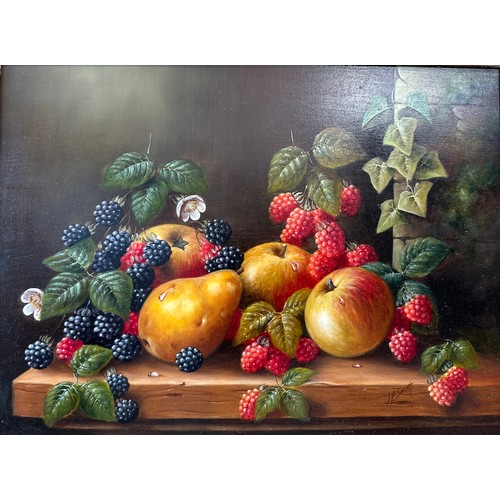 1316 - John F Smith (British 1934-). A still life of fruit and foliage, oil on board, signed lower right.  ... 