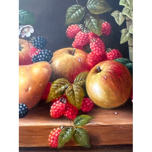 1316 - John F Smith (British 1934-). A still life of fruit and foliage, oil on board, signed lower right.  ... 