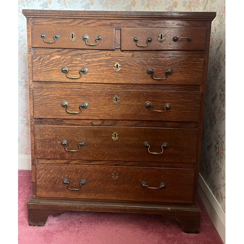 52 - A 19thC oak five height chest of drawers with bracket feet. 78.5cm w x 48.5d x 98h.