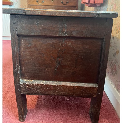 54 - An early 18thC 0ak kist with original carving, snipe hinges and candle box to interior. 96cm w x 46.... 