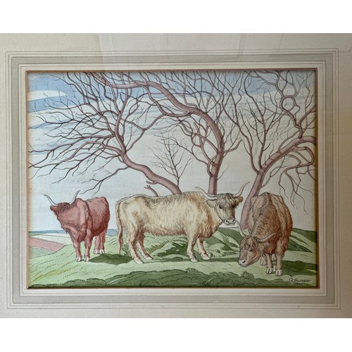 1317 - R.Thursby watercolour of Highland cattle. Signed lower right and dated 1940. Glazed in wooden frame.... 