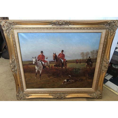 1318 - An oil on canvas of a hunting scene by D Long, image measures approx 50cm h x 60cm w in a gilt frame... 