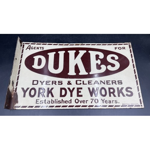 1254 - A double sided advertising sign, Agents For Dukes Dryers & Cleaners, York Dye Works. 30.5 x 51cm.