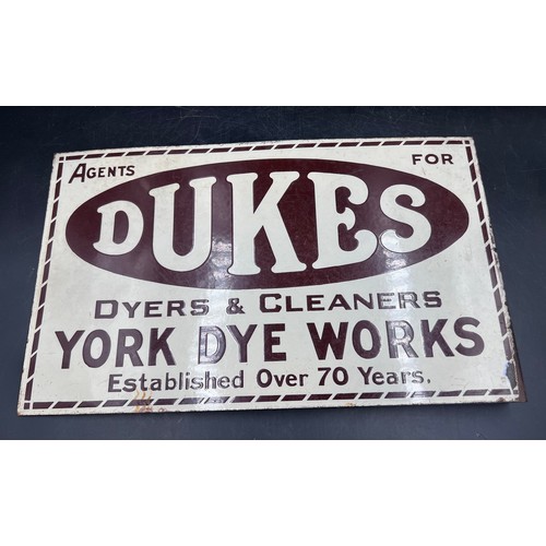 1254 - A double sided advertising sign, Agents For Dukes Dryers & Cleaners, York Dye Works. 30.5 x 51cm.