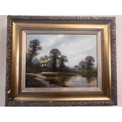 1319 - A pair of early 20thC oil on board landscape paintings, signed W King. Framed in ornate gilt frames.... 