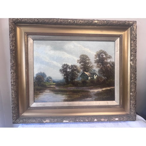 1319 - A pair of early 20thC oil on board landscape paintings, signed W King. Framed in ornate gilt frames.... 