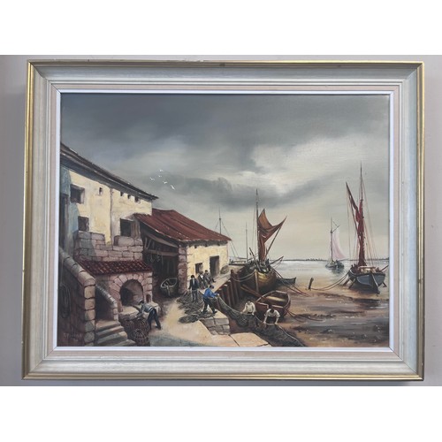 1320 - An oil on canvas coastal scene with fishing boats and nets. 49.5cm x 64.5cm. Signed R Palmer lower l... 