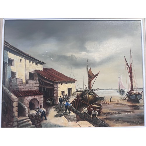 1320 - An oil on canvas coastal scene with fishing boats and nets. 49.5cm x 64.5cm. Signed R Palmer lower l... 