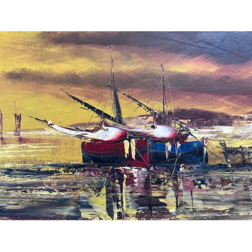 1322 - An oil on canvas coastal scene signed indistinctly lower right. 29cm x 100cm.