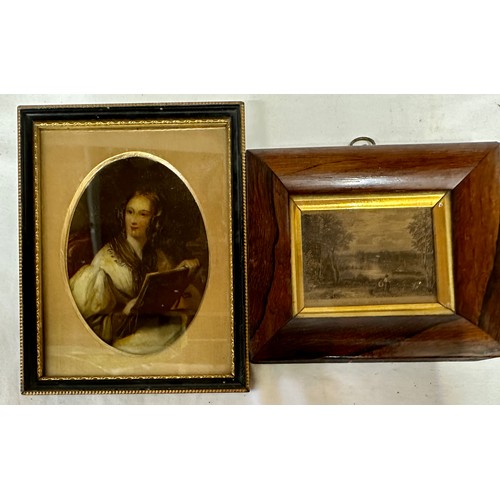 1330 - A framed painting on glass of a young lady with a sketch book, sight size 13.5 x 10cm  together with... 