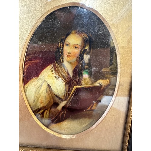 1330 - A framed painting on glass of a young lady with a sketch book, sight size 13.5 x 10cm  together with... 