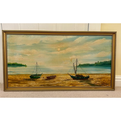 1332 - Keith Sutton (British 1924-1991): boats at low tide 1971, oil on canvas signed, image 44.5cm h x 90c... 