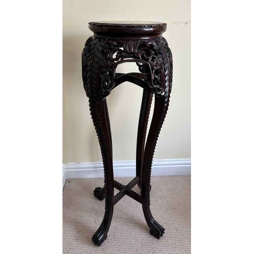 79 - Oriental style carved plant stand with marble circular insert to top approx 92cm h x 28cm diameter.