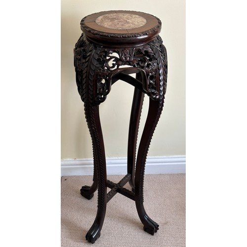 79 - Oriental style carved plant stand with marble circular insert to top approx 92cm h x 28cm diameter.