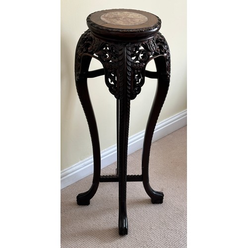 79 - Oriental style carved plant stand with marble circular insert to top approx 92cm h x 28cm diameter.