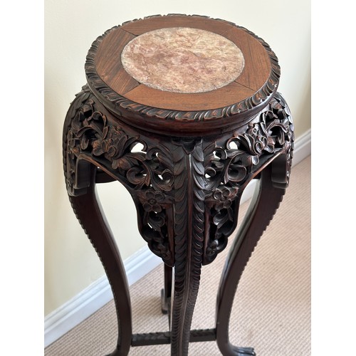 79 - Oriental style carved plant stand with marble circular insert to top approx 92cm h x 28cm diameter.