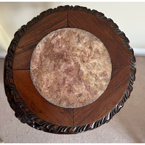 79 - Oriental style carved plant stand with marble circular insert to top approx 92cm h x 28cm diameter.