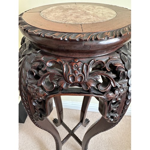 79 - Oriental style carved plant stand with marble circular insert to top approx 92cm h x 28cm diameter.