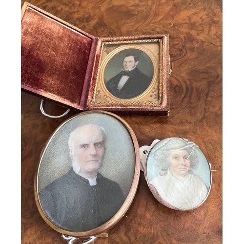 1271 - Two 19thC miniatures on ivory portrait and an aquatint miniature portrait. 8 x 6cm.