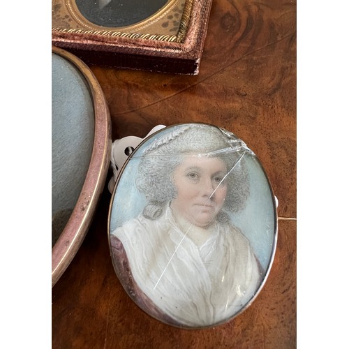 1271 - Two 19thC miniatures on ivory portrait and an aquatint miniature portrait. 8 x 6cm.