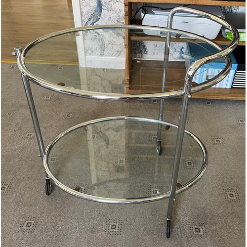 89 - Art Deco Savoy chrome cocktail trolley. Two tiers on casters with oval etched glass. 67cm w x 47cm d... 