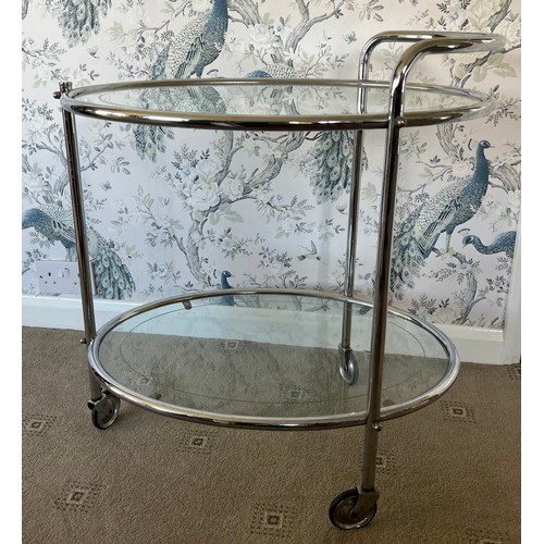 89 - Art Deco Savoy chrome cocktail trolley. Two tiers on casters with oval etched glass. 67cm w x 47cm d... 