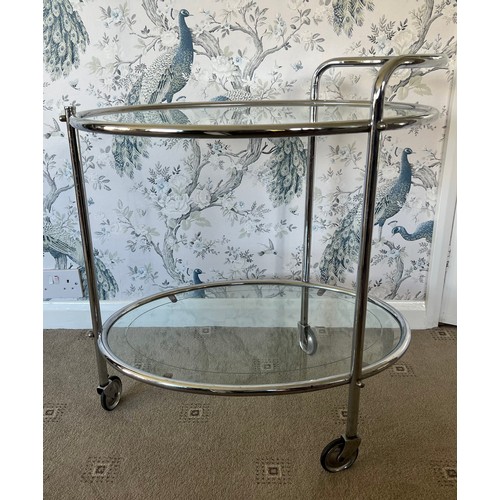 89 - Art Deco Savoy chrome cocktail trolley. Two tiers on casters with oval etched glass. 67cm w x 47cm d... 