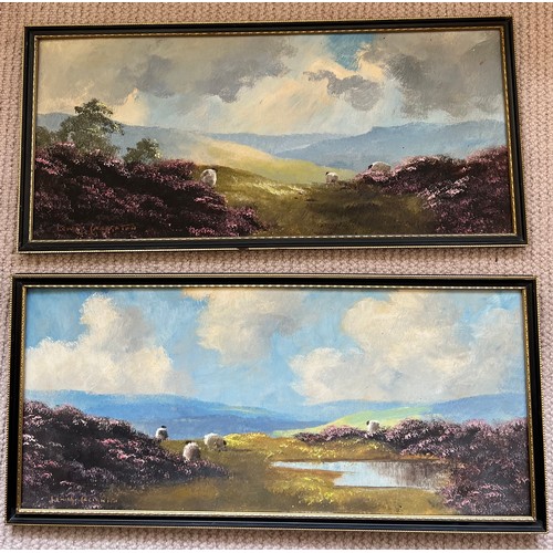 1335 - Lewis Creighton (British 1918-1996) A pair of oil on board paintings, Sheep on the Moors, signed low... 