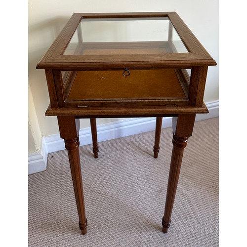 91 - Reproduction mahogany bijouterie cabinet 77cm h x 44cm w x 44cm d with inlay to the top and tapered ... 