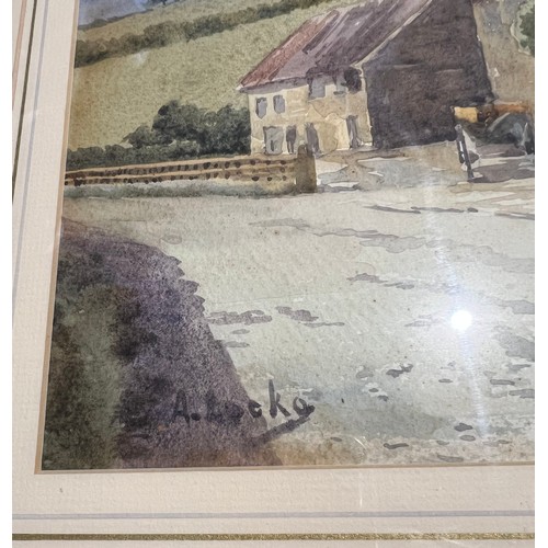 1337 - Watercolour painting of a village signed A. Locke L.L. 27cm x 47cm.