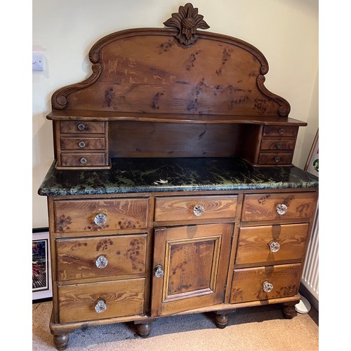 102 - A 19thC scrambled pine dresser with glass knobs, 137cm w x 47cm d x 170cm h. seven drawers and cupbo... 