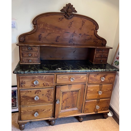 102 - A 19thC scrambled pine dresser with glass knobs, 137cm w x 47cm d x 170cm h. seven drawers and cupbo... 