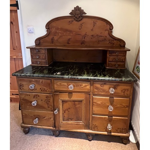 102 - A 19thC scrambled pine dresser with glass knobs, 137cm w x 47cm d x 170cm h. seven drawers and cupbo... 