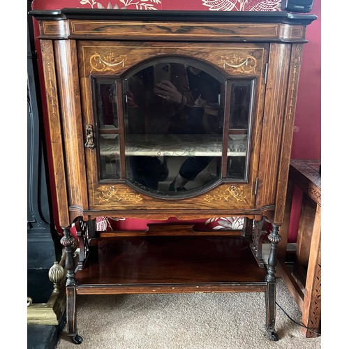 104 - An Edwardian rosewood and inlaid cabinet with ivory, single glazed door, missing top. 72cm w x 40cm ... 