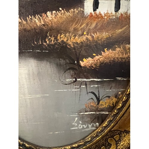 1338 - A gilt framed oil on board, lake scene, signed indistinctly lower right 90cm x 42cm.