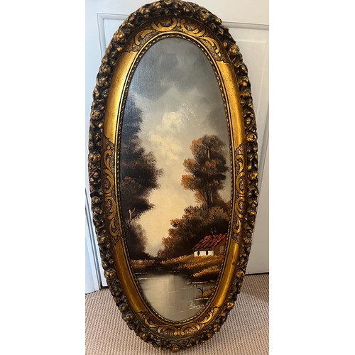 1338 - A gilt framed oil on board, lake scene, signed indistinctly lower right 90cm x 42cm.