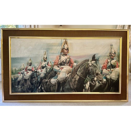 1339 - Eric Mason 1921-1986, large oil on canvas of Household Cavalry Mounted Regiment Horse Guards. Sight ... 