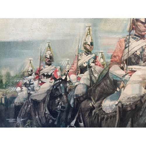 1339 - Eric Mason 1921-1986, large oil on canvas of Household Cavalry Mounted Regiment Horse Guards. Sight ... 