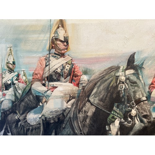 1339 - Eric Mason 1921-1986, large oil on canvas of Household Cavalry Mounted Regiment Horse Guards. Sight ... 