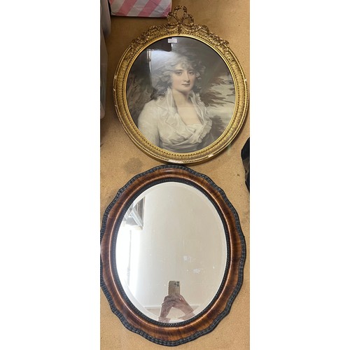 1296 - A 19thC gilt framed print of a lady 54cm x 45cm together with an oval mirror.