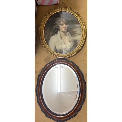 1296 - A 19thC gilt framed print of a lady 54cm x 45cm together with an oval mirror.