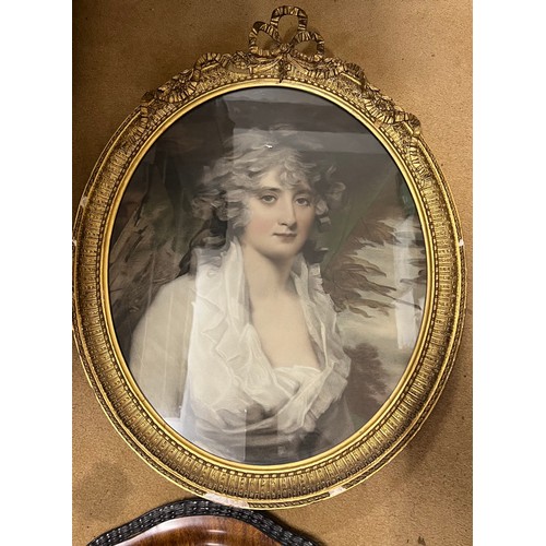 1296 - A 19thC gilt framed print of a lady 54cm x 45cm together with an oval mirror.